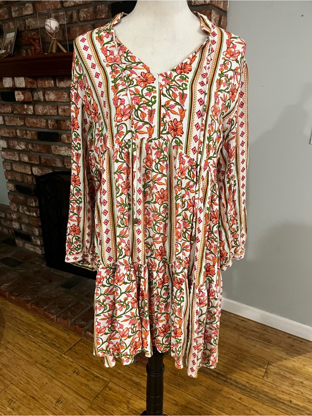 Japna White Floral Boho Dress with Orange and Green Print